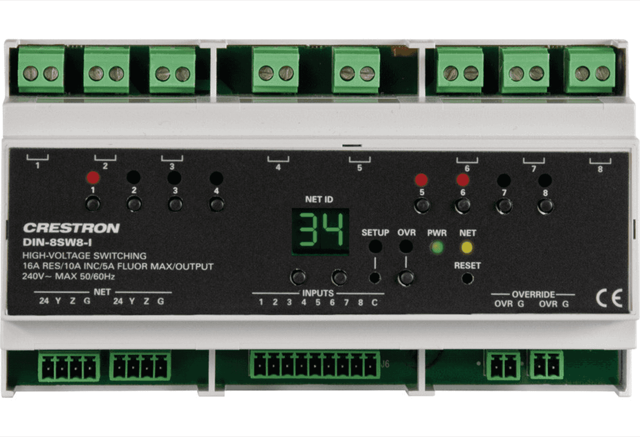Crestron DIN-8SW8-I in Light Gray, 8-Channel High-Voltage Switch, DIN Rail